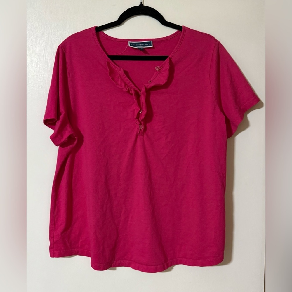 Karen Scott 1X Pink Henley Top Ruffle Trim Short Sleeve Cotton Modal Soft Knit
